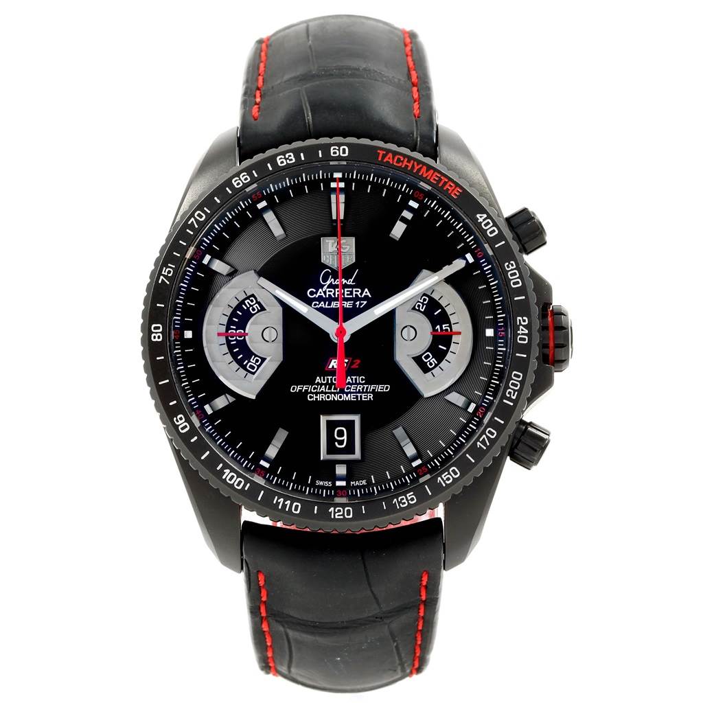 This image shows a Tag Heuer Carrera CAV518B.FT6016 Men
s Stainless Steel Black Dial CAV518B.FT6016 Men
s Stainless Steel Black Dial model watch from a front angle, displaying the face, chronograph dials, and tachymeter bezel.