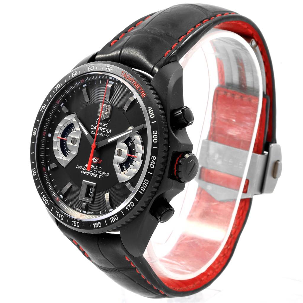The image shows a Tag Heuer Carrera CAV518B.FT6016 Men
s Stainless Steel Black Dial CAV518B.FT6016 Men
s Stainless Steel Black Dial watch positioned at a slight angle, highlighting the face, bezel, crown, and leather strap with red stitching.