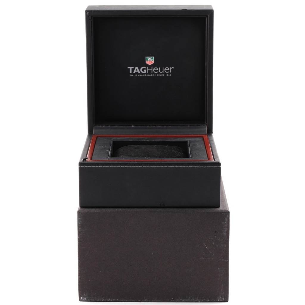 This image shows an open Tag Heuer Carrera CAV518B.FT6016 Men
s Stainless Steel Black Dial CAV518B.FT6016 Men
s Stainless Steel Black Dial watch box, highlighting the inner cushion and display compartment.