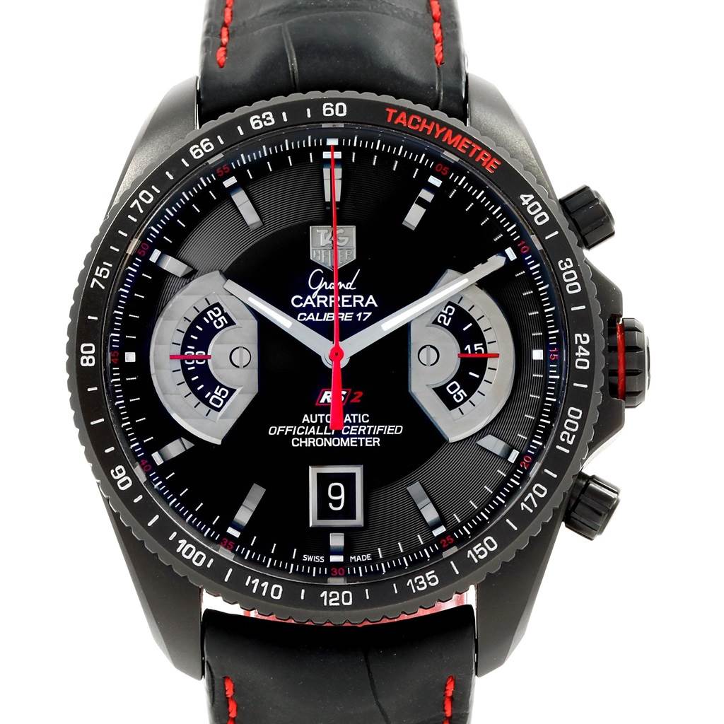 This image shows a front view of the Tag Heuer Carrera CAV518B.FT6016 Men
s Stainless Steel Black Dial CAV518B.FT6016 Men
s Stainless Steel Black Dial watch, displaying its dial, chronograph subdials, and leather strap.