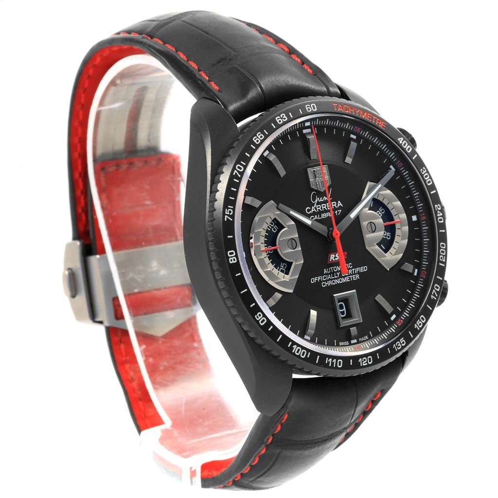 The image shows a Tag Heuer Carrera CAV518B.FT6016 Men
s Stainless Steel Black Dial CAV518B.FT6016 Men
s Stainless Steel Black Dial model watch from a front-left angle, displaying the dial, bezel, and leather strap.