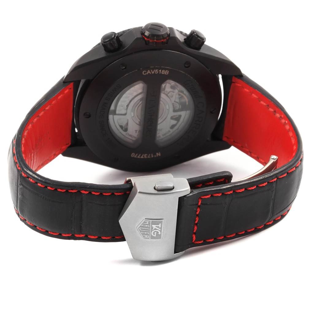 The image shows the back view of a Tag Heuer Carrera CAV518B.FT6016 Men
s Stainless Steel Black Dial CAV518B.FT6016 Men
s Stainless Steel Black Dial model watch, highlighting the clasp and inner strap.