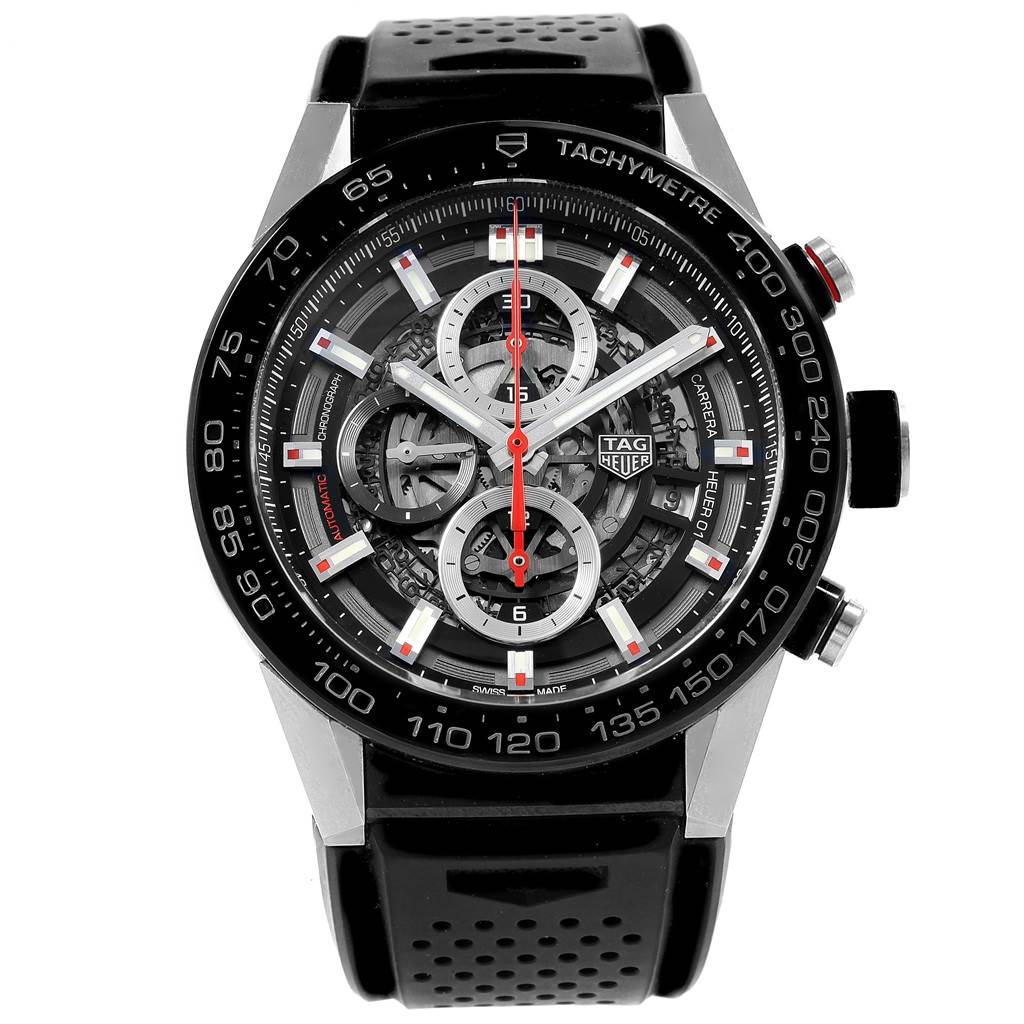 The image shows a front-facing view of the Tag Heuer Carrera CAR2A1Z.FT6044 Men's Titanium Black Dial CAR2A1Z.FT6044 Men's Titanium Black Dial model, highlighting its face, dial, and chronograph features.