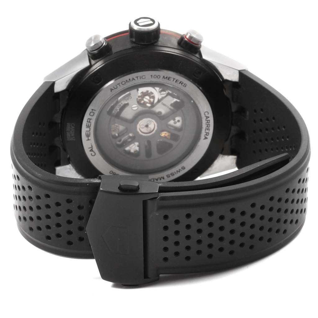 This image shows the back view of the Tag Heuer Carrera CAR2A1Z.FT6044 Men's Titanium Black Dial CAR2A1Z.FT6044 Men's Titanium Black Dial watch, focusing on the movement and the rubber strap.