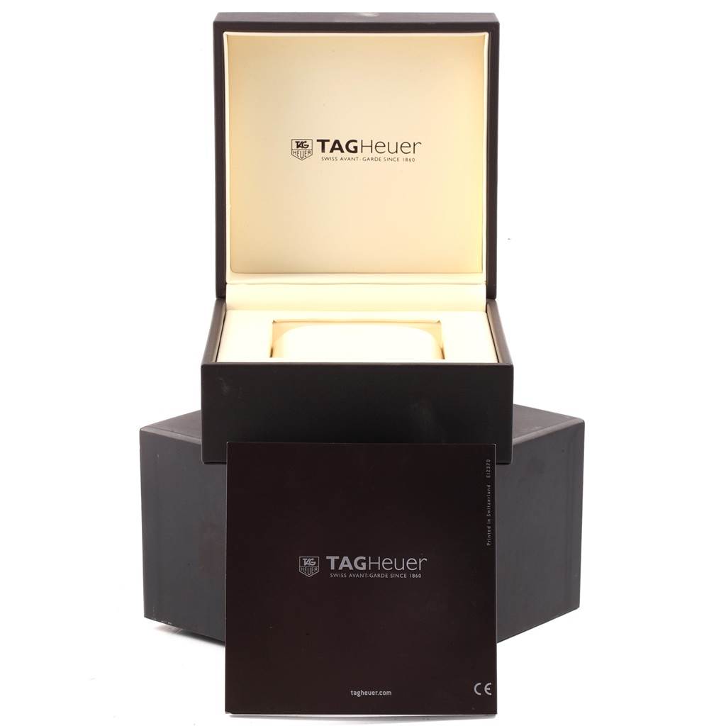 The image shows the open box and packaging accessories for a Tag Heuer Carrera CAR2A1Z.FT6044 Men's Titanium Black Dial CAR2A1Z.FT6044 Men's Titanium Black Dial model watch.