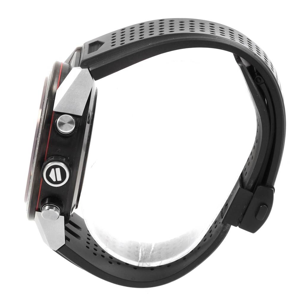 The image shows a side view of the Tag Heuer Carrera CAR2A1Z.FT6044 Men's Titanium Black Dial CAR2A1Z.FT6044 Men's Titanium Black Dial watch, highlighting the bezel, buttons, and perforated strap.