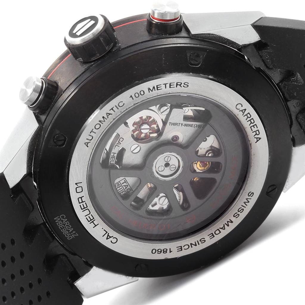 The image shows the back view of a Tag Heuer Carrera CAR2A1Z.FT6044 Men's Titanium Black Dial CAR2A1Z.FT6044 Men's Titanium Black Dial watch, highlighting the automatic movement and see-through case back.
