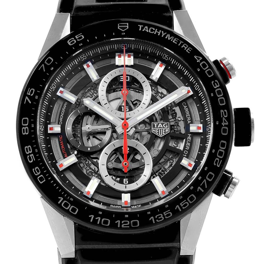 The image shows a close-up of the Tag Heuer Carrera CAR2A1Z.FT6044 Men's Titanium Black Dial CAR2A1Z.FT6044 Men's Titanium Black Dial watch face with visible chronograph dials and tachymeter.