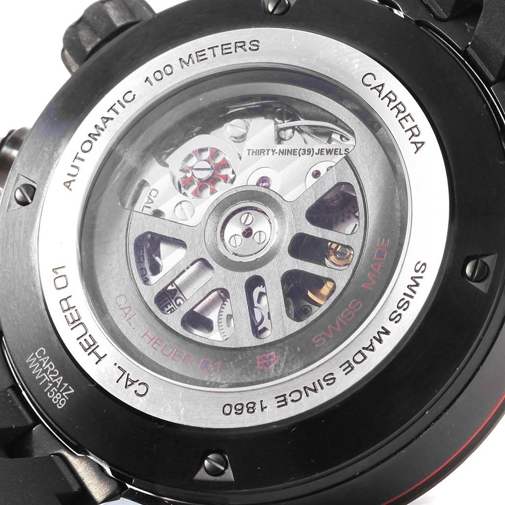 The image shows the back of the Tag Heuer Carrera CAR2A1Z.FT6044 Men's Titanium Black Dial CAR2A1Z.FT6044 Men's Titanium Black Dial model watch, revealing its automatic movement and inner mechanics.