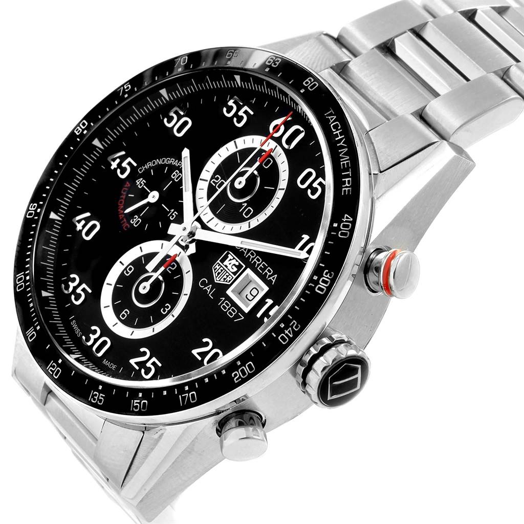 This image shows a close-up angle of the Tag Heuer Carrera CAR2A10.BA0799 Men's Stainless Steel Black Dial CAR2A10.BA0799 Men's Stainless Steel Black Dial watch, highlighting its face, bezel, and metal bracelet.