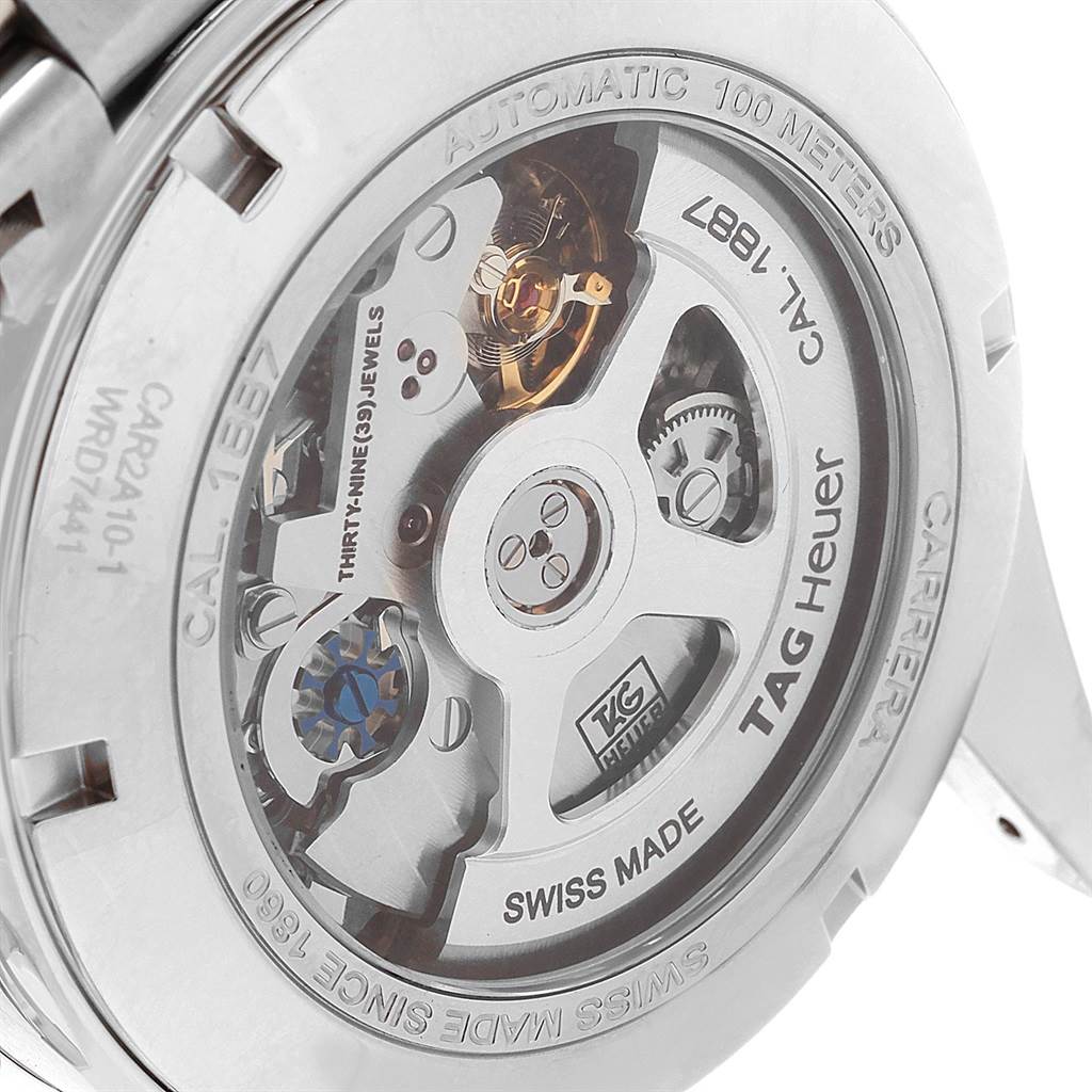 The image shows the back view of a Tag Heuer Carrera CAR2A10.BA0799 Men's Stainless Steel Black Dial CAR2A10.BA0799 Men's Stainless Steel Black Dial watch, highlighting its automatic movement and internal mechanisms.