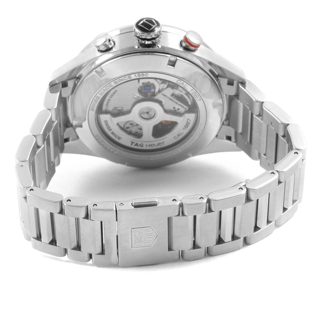 The image shows the back view of a Tag Heuer Carrera CAR2A10.BA0799 Men's Stainless Steel Black Dial CAR2A10.BA0799 Men's Stainless Steel Black Dial watch, featuring the transparent case back and metal bracelet.