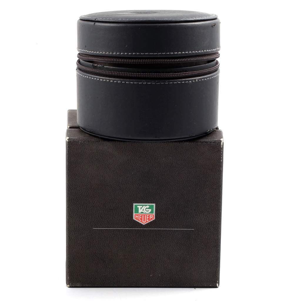 This image shows the packaging box and leather case of a Tag Heuer Carrera CAR2A10.BA0799 Men's Stainless Steel Black Dial CAR2A10.BA0799 Men's Stainless Steel Black Dial watch.