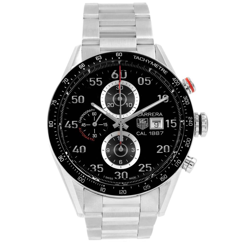 The image shows the front view of a Tag Heuer Carrera CAR2A10.BA0799 Men's Stainless Steel Black Dial CAR2A10.BA0799 Men's Stainless Steel Black Dial watch, displaying its dial, chronograph sub-dials, and bracelet.