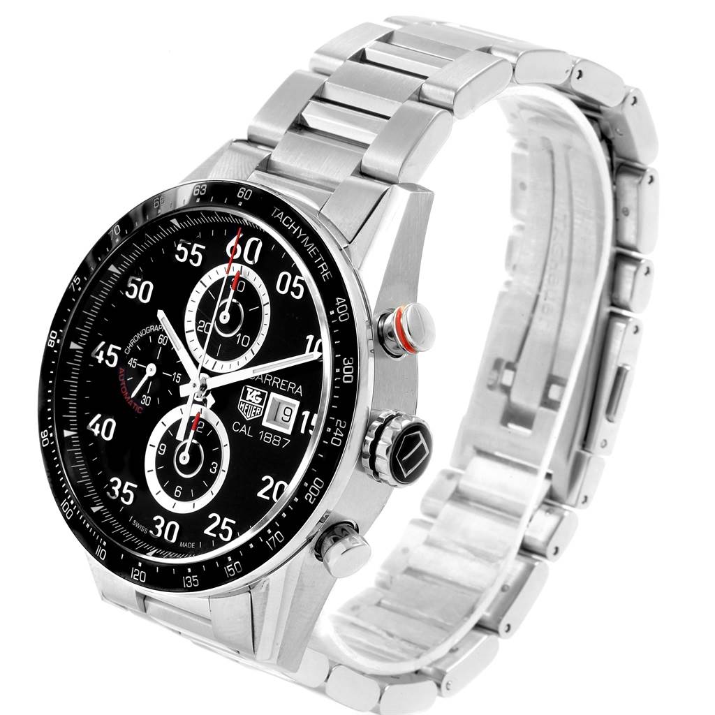 The image shows a Tag Heuer Carrera CAR2A10.BA0799 Men's Stainless Steel Black Dial CAR2A10.BA0799 Men's Stainless Steel Black Dial watch at a three-quarter angle, highlighting the face, bezel, and metal bracelet.
