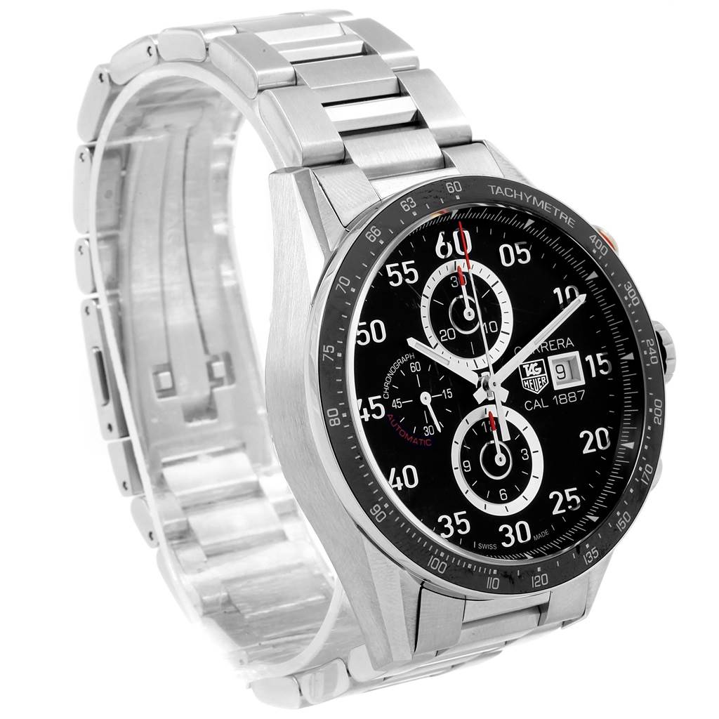 The image shows a Tag Heuer Carrera CAR2A10.BA0799 Men's Stainless Steel Black Dial CAR2A10.BA0799 Men's Stainless Steel Black Dial watch from a front-right angle, highlighting the face, bezel, and metallic bracelet.