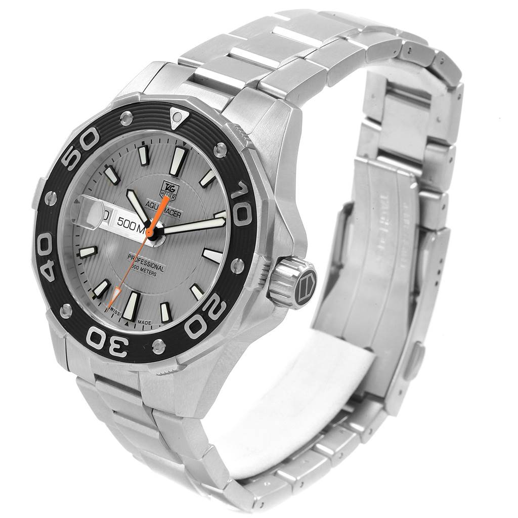 The image shows a Tag Heuer Aquaracer WAJ1111.BA0870 Men's Stainless Steel Grey Dial WAJ1111.BA0870 Men's Stainless Steel Grey Dial watch from a three-quarter angle, highlighting the face, bezel, and metal bracelet.