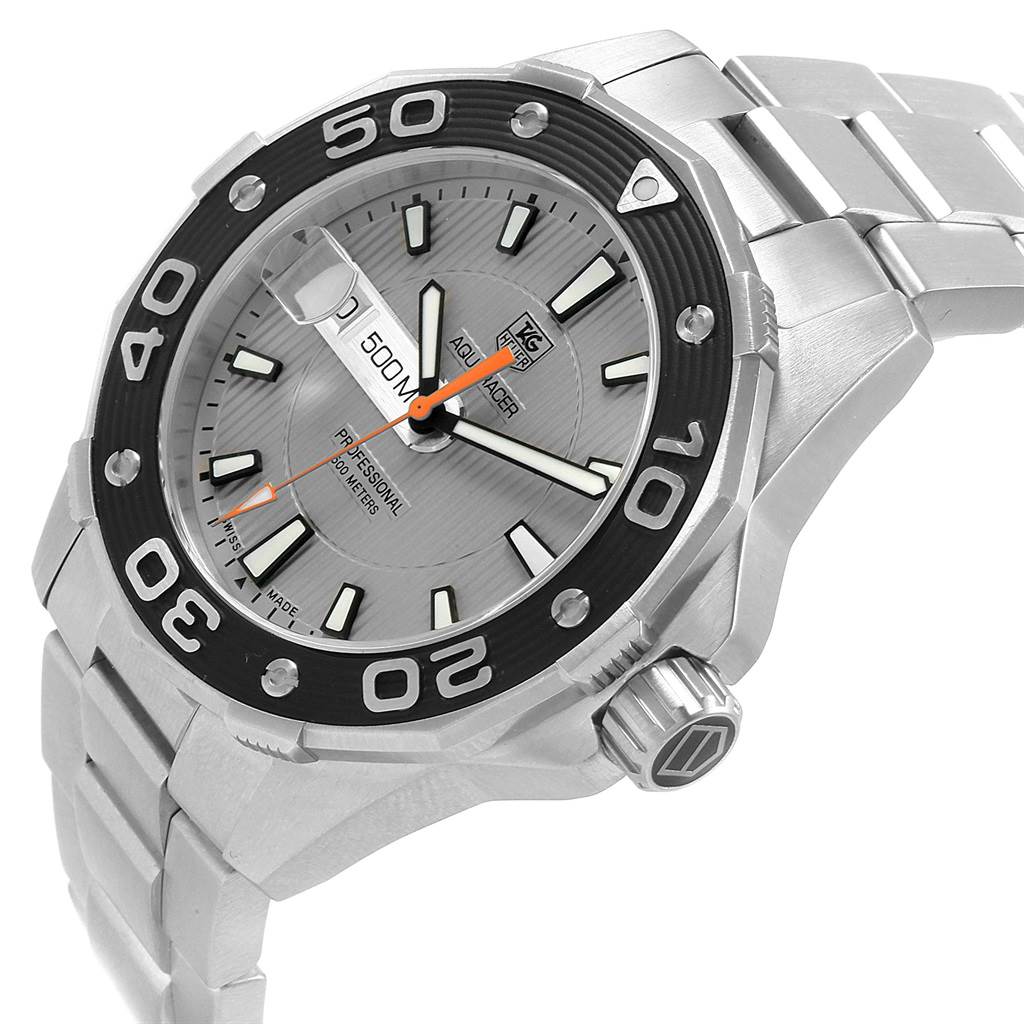 The Tag Heuer Aquaracer WAJ1111.BA0870 Men's Stainless Steel Grey Dial WAJ1111.BA0870 Men's Stainless Steel Grey Dial watch is shown at a slight angle, displaying its face, bezel, and part of the stainless steel bracelet.