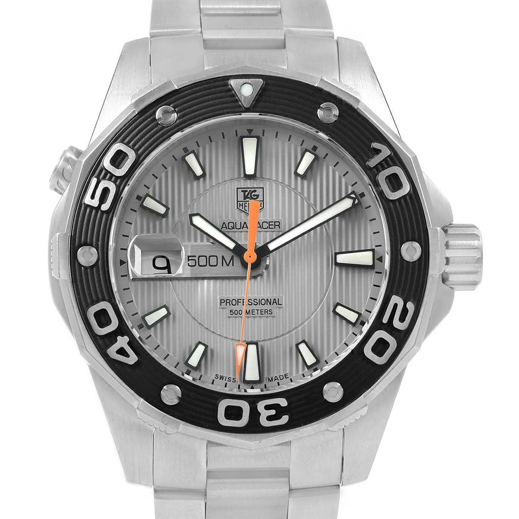 The image shows a front view of a Tag Heuer Aquaracer WAJ1111.BA0870 Men's Stainless Steel Grey Dial WAJ1111.BA0870 Men's Stainless Steel Grey Dial watch, displaying its dial, bezel, crown, and part of the bracelet.