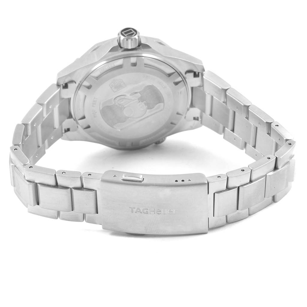 The image shows the back case, crown, and bracelet clasp of a Tag Heuer Aquaracer WAJ1111.BA0870 Men's Stainless Steel Grey Dial WAJ1111.BA0870 Men's Stainless Steel Grey Dial watch.