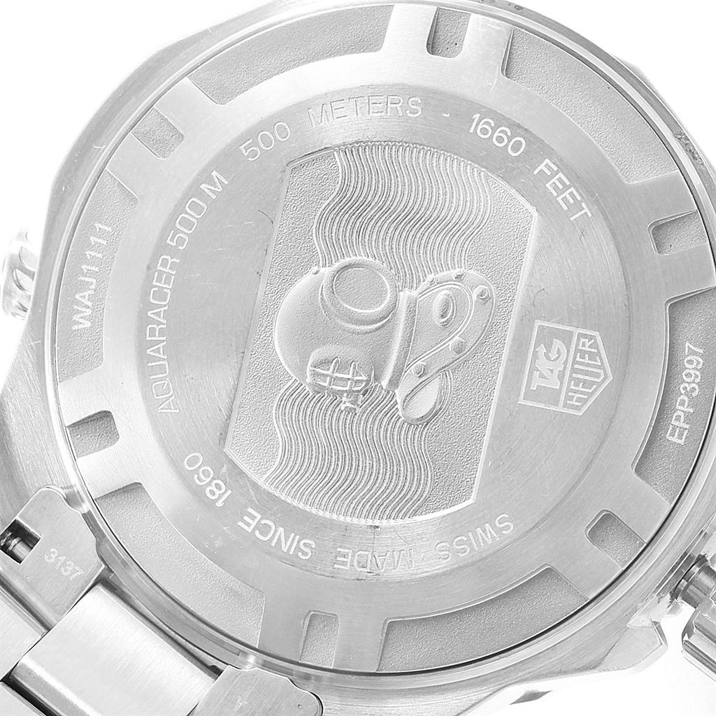 This image shows the case back of the Tag Heuer Aquaracer WAJ1111.BA0870 Men's Stainless Steel Grey Dial WAJ1111.BA0870 Men's Stainless Steel Grey Dial watch, detailing its markings and engravings.