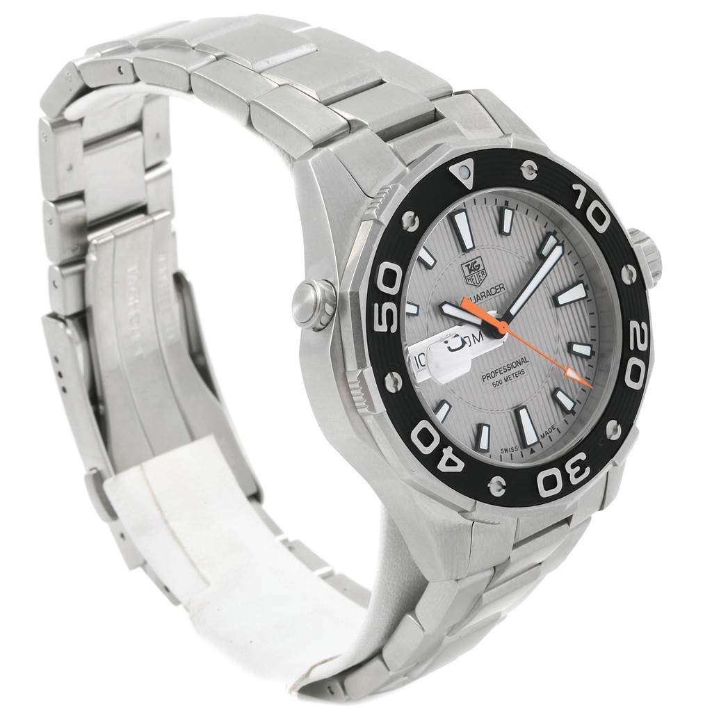 The image shows a Tag Heuer Aquaracer WAJ1111.BA0870 Men's Stainless Steel Grey Dial WAJ1111.BA0870 Men's Stainless Steel Grey Dial watch at a three-quarter angle, highlighting its dial, bezel, and metal bracelet.