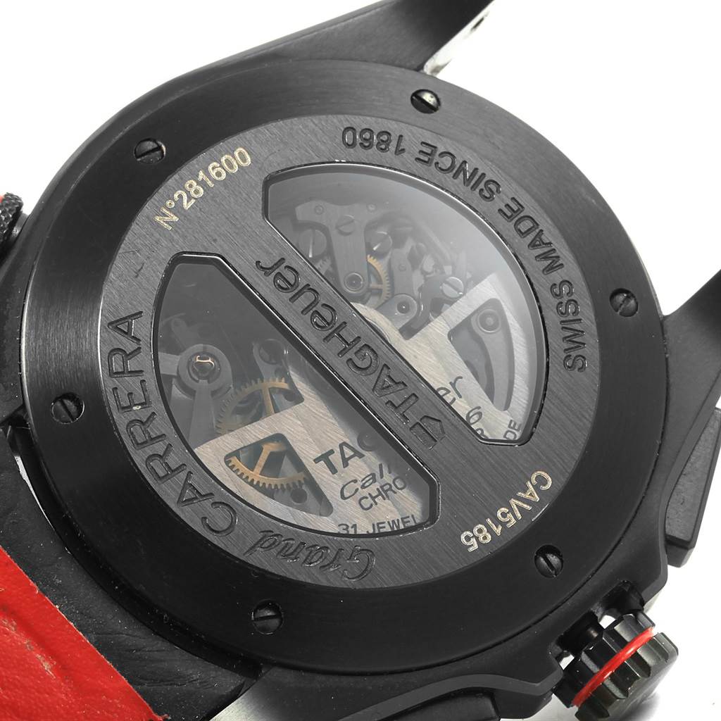 The image shows the back casing and internal mechanism of a Tag Heuer Carrera CAV5185.FC6237 Men's Titanium Black Dial CAV5185.FC6237 Men's Titanium Black Dial watch model CAV5185.