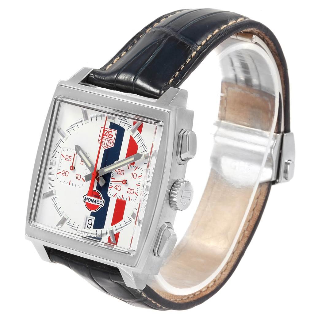 The image shows a close-up, angled view of the Tag Heuer Monaco Limited Edition watch, highlighting its dial, buttons, and strap.