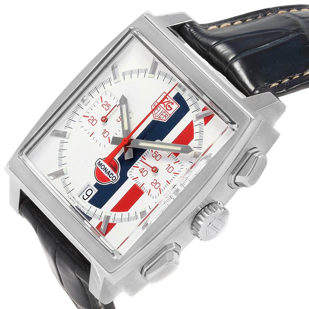 This image features a close-up of the face, crown, and pushers of the TAG Heuer Monaco Limited Edition watch.