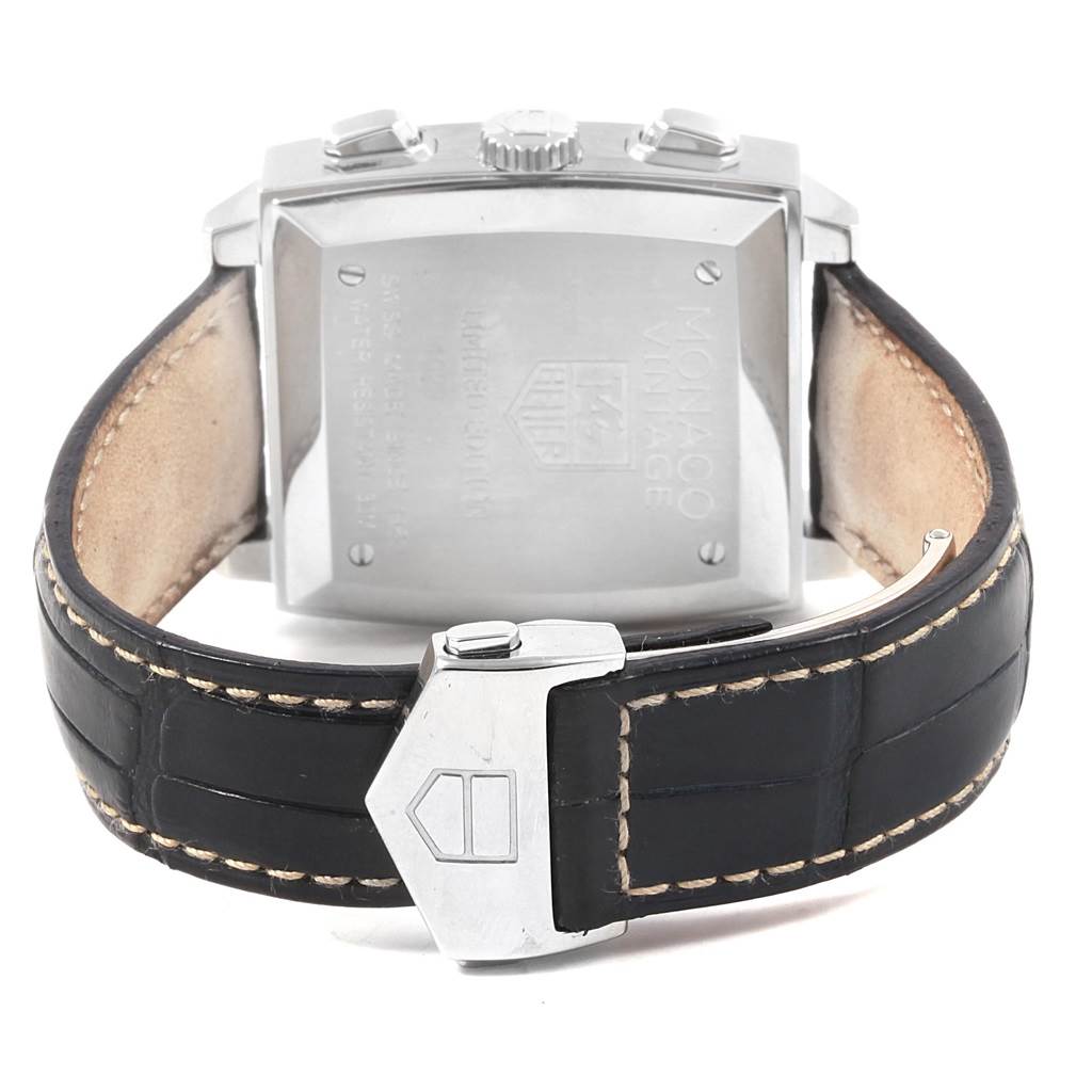 This image shows the back and clasp of the Tag Heuer Monaco Vintage Limited Edition watch, highlighting its leather strap and stainless steel case back.