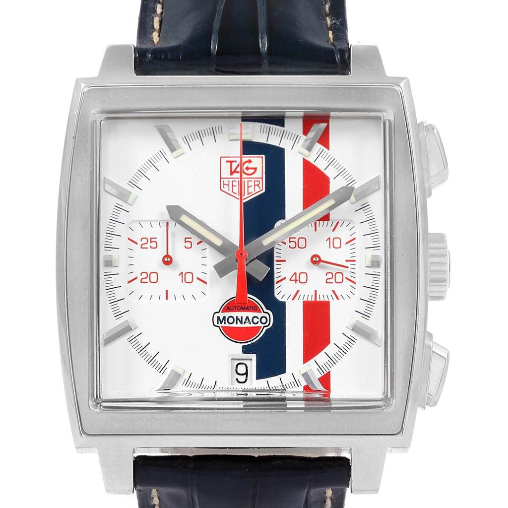 This image shows a front view of the Tag Heuer Monaco Limited Edition watch, featuring a square face, two subdials, and blue-red-white accents.