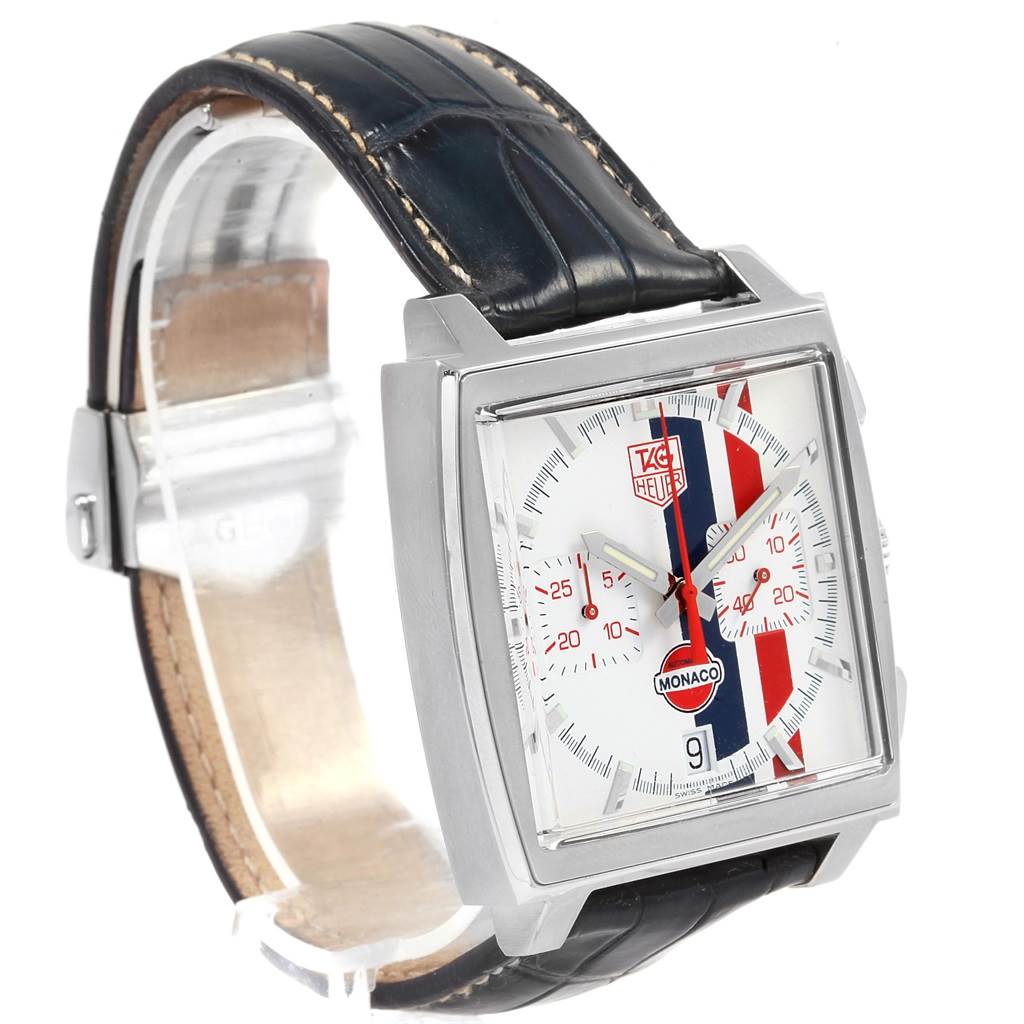 The image features a Tag Heuer Monaco Limited Edition, showing the face, strap, and side angle of the watch.