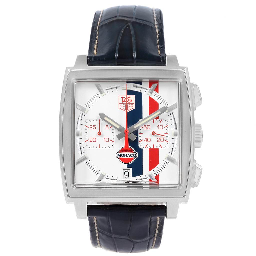 The image shows a front view of the Tag Heuer Monaco Limited Edition watch, highlighting the dial and strap.