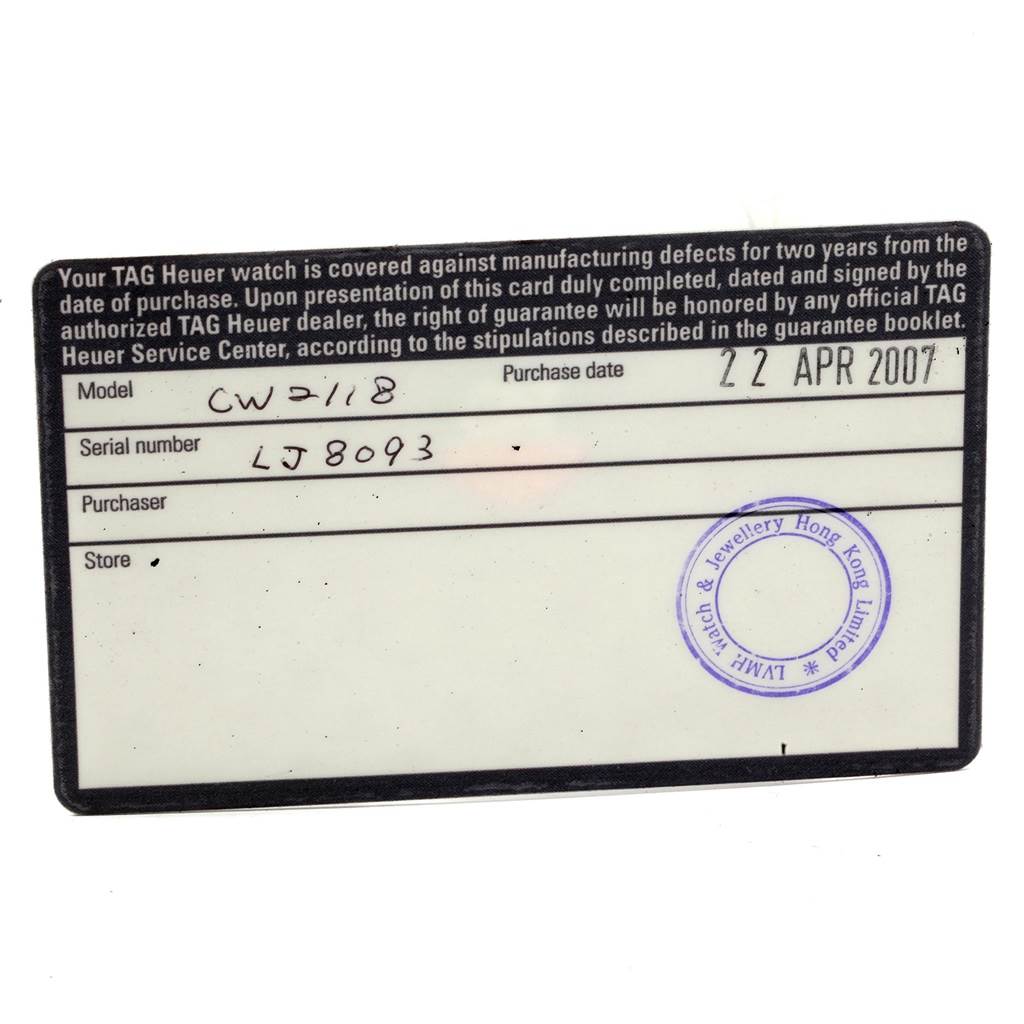 This is a top-down image of the warranty card for the Tag Heuer Limited Edition CW2118.FC6207 Men's Stainless Steel White Dial CW2118.FC6207 Men's Stainless Steel White Dial model CW2118.