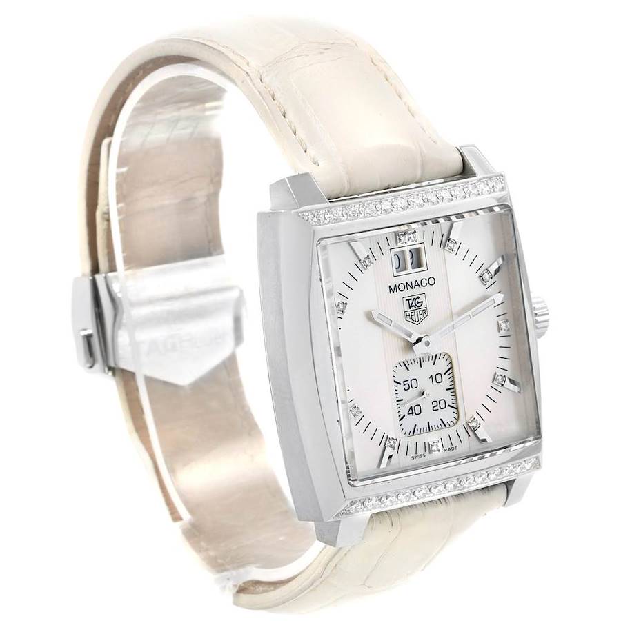 Tag Heuer Monaco MOP Diamond Dial White Strap Ladies Watch WAW1313