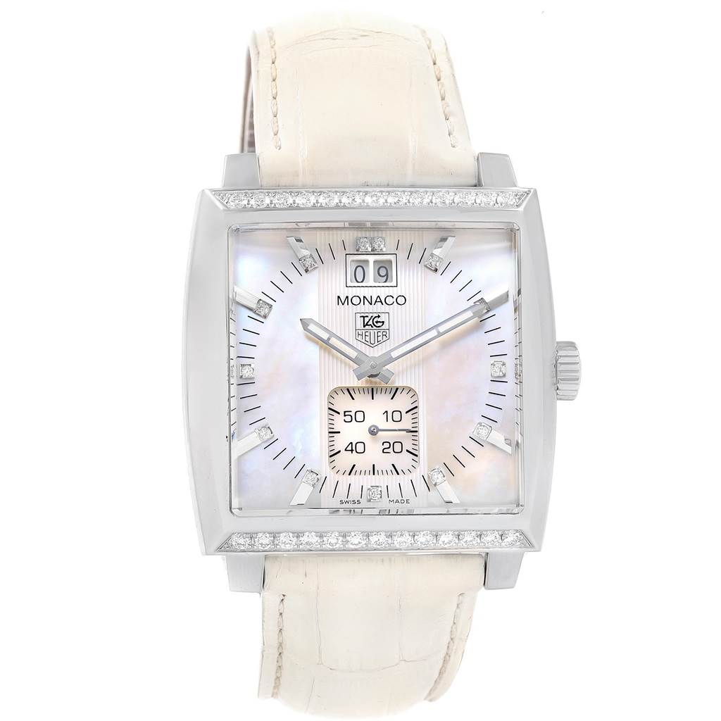 The image shows a front view of a Tag Heuer Monaco WAW1313 Men's Stainless Steel Mother of Pearl Dial WAW1313 Men's Stainless Steel Mother of Pearl Dial watch with a white strap and a square face.