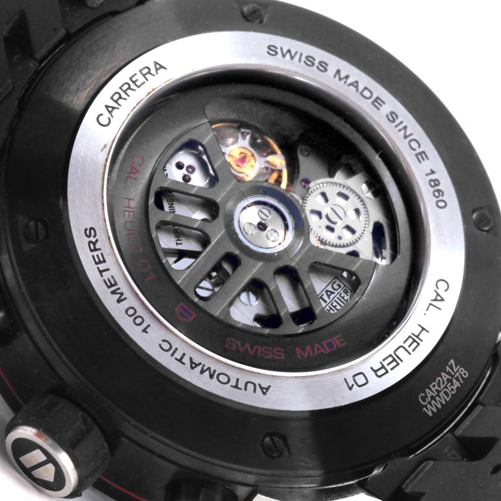 The image shows the back case of a Tag Heuer Carrera CAR2A1Z.FT6044 Men's Titanium Black Dial CAR2A1Z.FT6044 Men's Titanium Black Dial watch, highlighting its automatic movement and inscriptions.