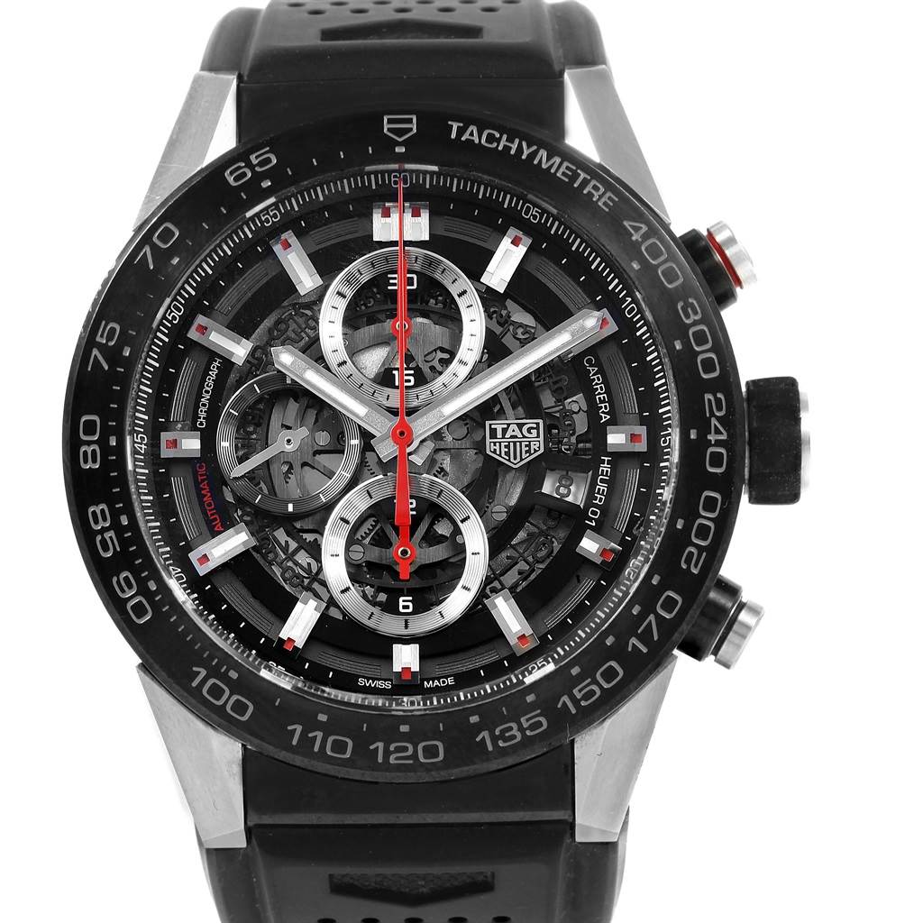 This image shows a front view of a Tag Heuer Carrera CAR2A1Z.FT6044 Men's Titanium Black Dial CAR2A1Z.FT6044 Men's Titanium Black Dial watch with visible dials, tachymeter, and black strap.