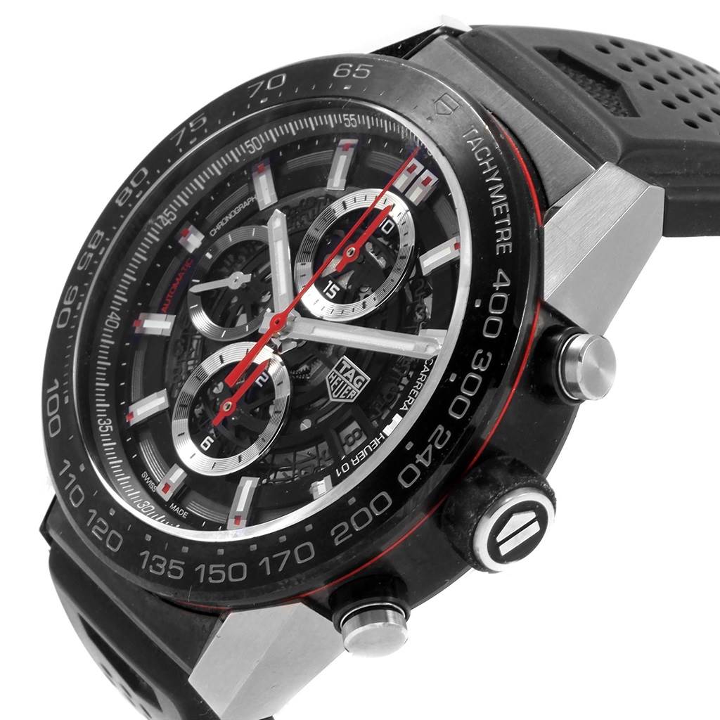 This Tag Heuer Carrera CAR2A1Z.FT6044 Men's Titanium Black Dial CAR2A1Z.FT6044 Men's Titanium Black Dial model watch is shown at an angle displaying the face, bezel with tachymeter scale, and crown with pushers.