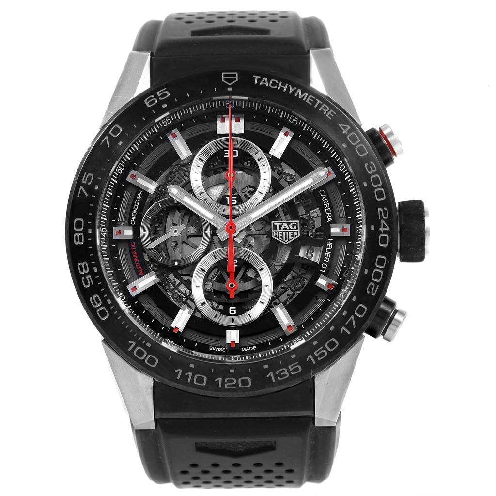 The Tag Heuer Carrera CAR2A1Z.FT6044 Men's Titanium Black Dial CAR2A1Z.FT6044 Men's Titanium Black Dial watch is shown from the front, highlighting the dial, chronograph, tachymeter, and black rubber strap.