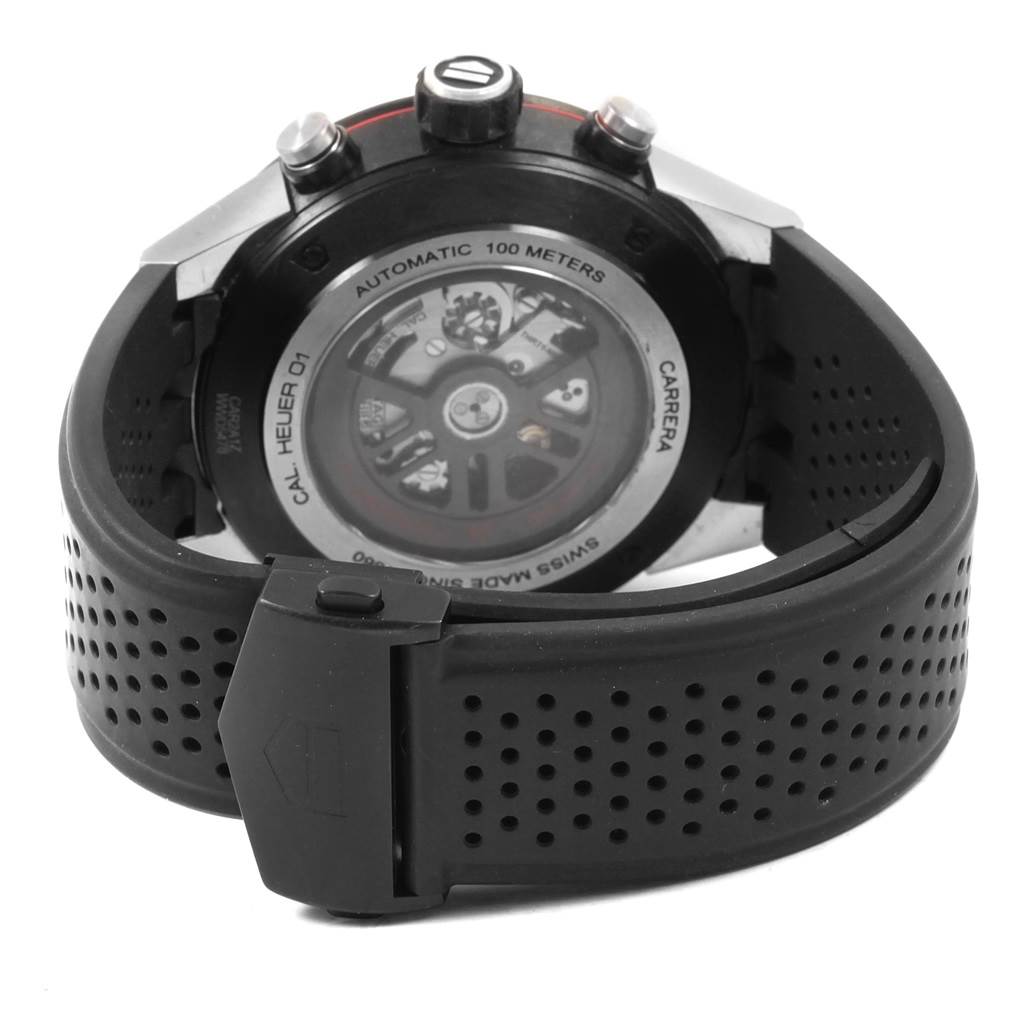 The image shows the back case and strap of a Tag Heuer Carrera CAR2A1Z.FT6044 Men's Titanium Black Dial CAR2A1Z.FT6044 Men's Titanium Black Dial model watch at a rear angle.