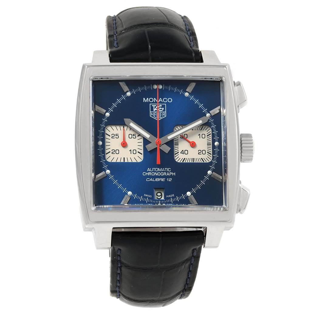 The image shows a front view of the Tag Heuer Monaco CAW2111 Men's Stainless Steel Blue Dial CAW2111 Men's Stainless Steel Blue Dial watch, highlighting its square dial and leather strap.