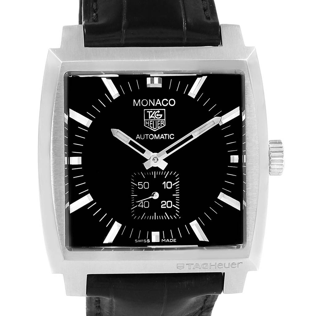 The image shows a front view of the Tag Heuer Monaco WW2110 Men's Stainless Steel Black Dial WW2110 Men's Stainless Steel Black Dial watch, highlighting its square black dial, hour markers, and hands.