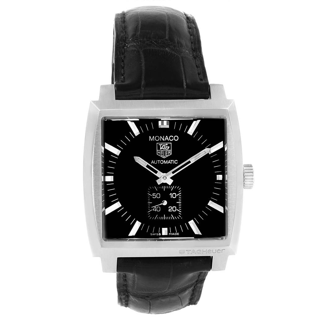 The image shows a front view of the Tag Heuer Monaco WW2110 Men's Stainless Steel Black Dial WW2110 Men's Stainless Steel Black Dial watch, highlighting its square dial and black leather strap.