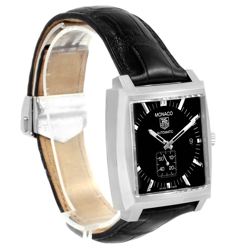 The image shows a Tag Heuer Monaco WW2110 Men's Stainless Steel Black Dial WW2110 Men's Stainless Steel Black Dial watch from a front-left angle, highlighting its square face and black leather strap.