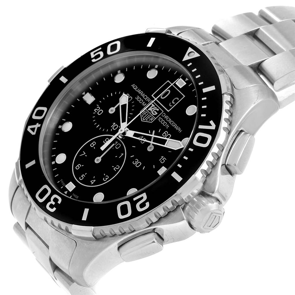 The Tag Heuer Aquaracer CAN1010.BA0821 Men's Stainless Steel Black Dial CAN1010.BA0821 Men's Stainless Steel Black Dial watch is angled showing its face, bezel, crown, chronograph buttons, and part of the bracelet.
