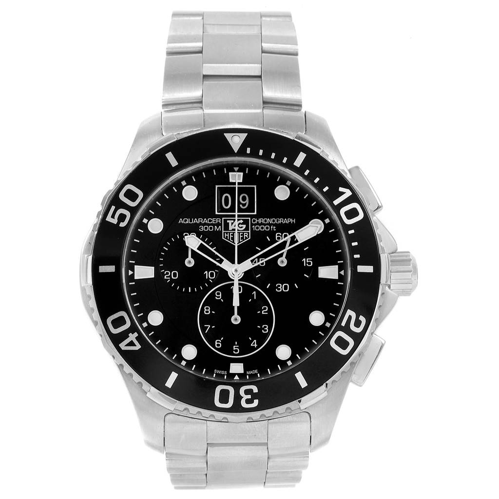 This image shows a frontal view of the Tag Heuer Aquaracer CAN1010.BA0821 Men's Stainless Steel Black Dial CAN1010.BA0821 Men's Stainless Steel Black Dial watch, including its dial, bezel, and bracelet.