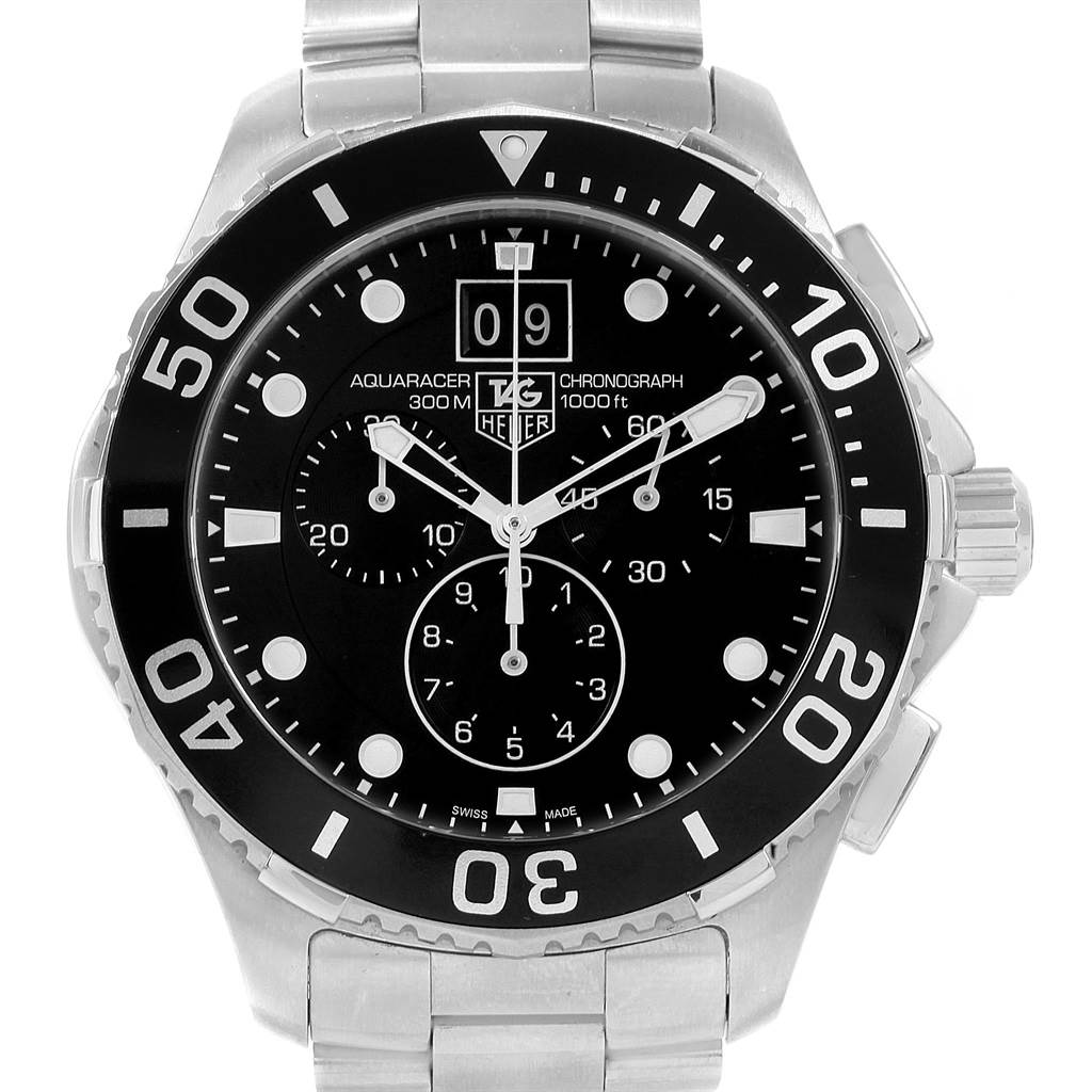 The image shows a front view of the Tag Heuer Aquaracer CAN1010.BA0821 Men's Stainless Steel Black Dial CAN1010.BA0821 Men's Stainless Steel Black Dial watch, displaying its face, bezel, and part of the stainless steel bracelet.