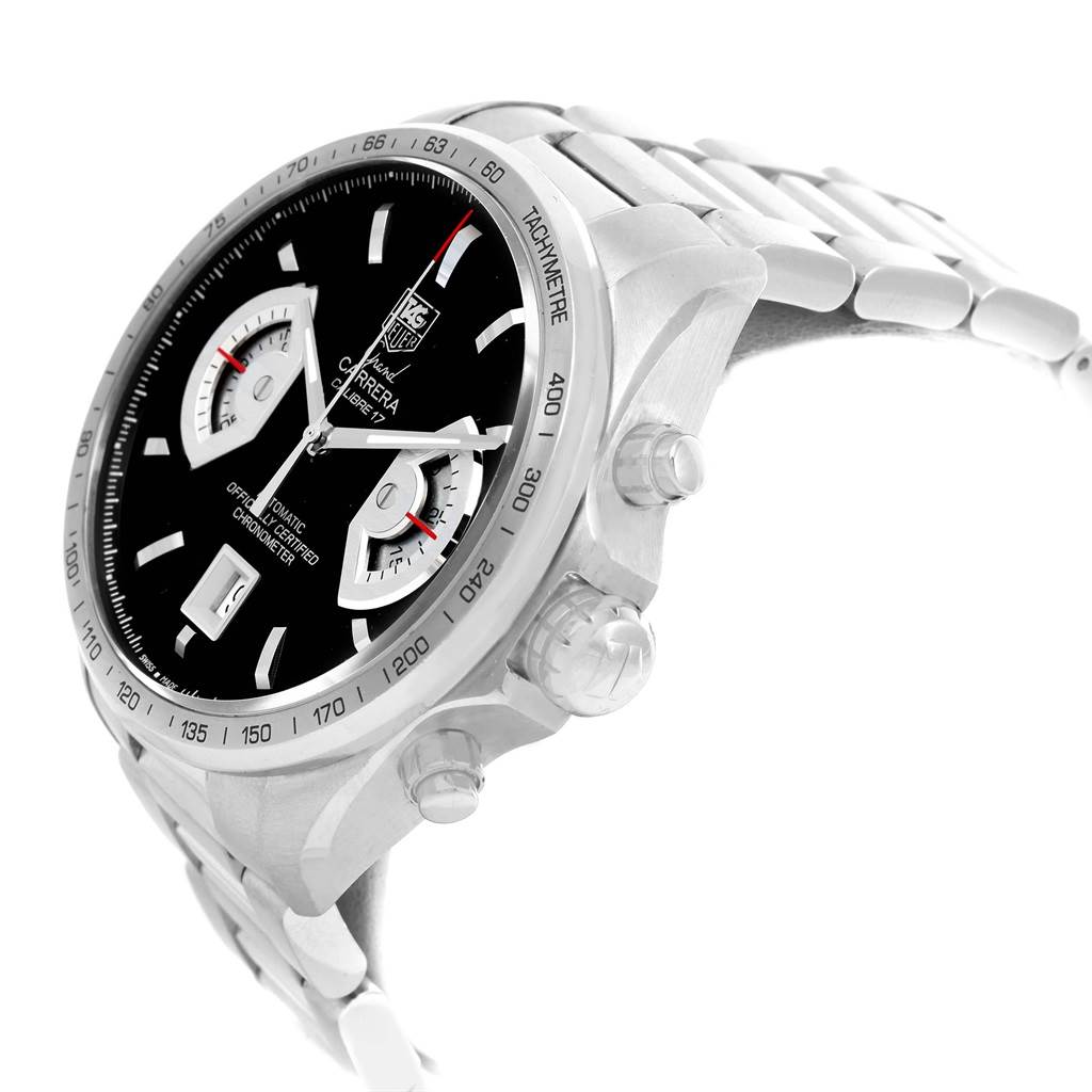 The image shows a side angle view of the Tag Heuer Carrera CAV511A Men's Stainless Steel Black Dial CAV511A Men's Stainless Steel Black Dial watch, highlighting the bezel, dial, pushers, and bracelet.