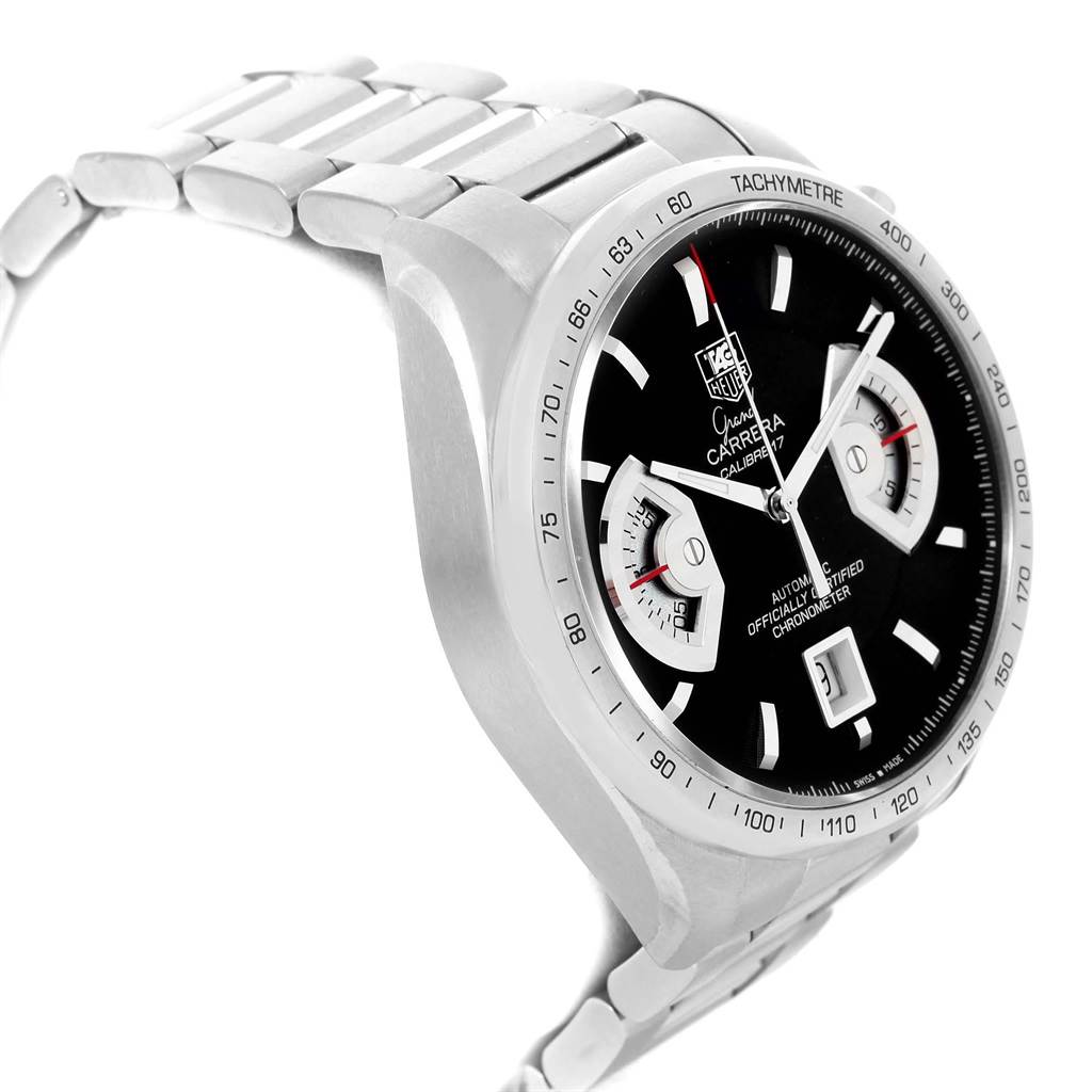 The image shows a side and partial front view of a Tag Heuer Carrera CAV511A Men's Stainless Steel Black Dial CAV511A Men's Stainless Steel Black Dial watch, featuring its dial, bezel, and bracelet.